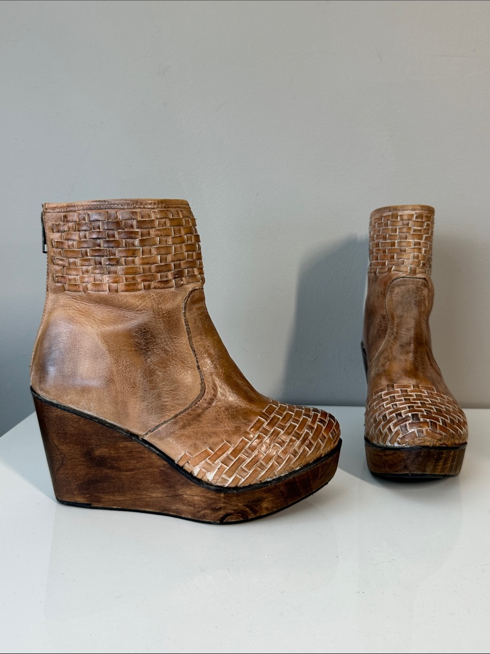 Ed Stu Tan Leather Wales Ankle Boot Cobbler Series Wooden Wedge Platform Size7.5